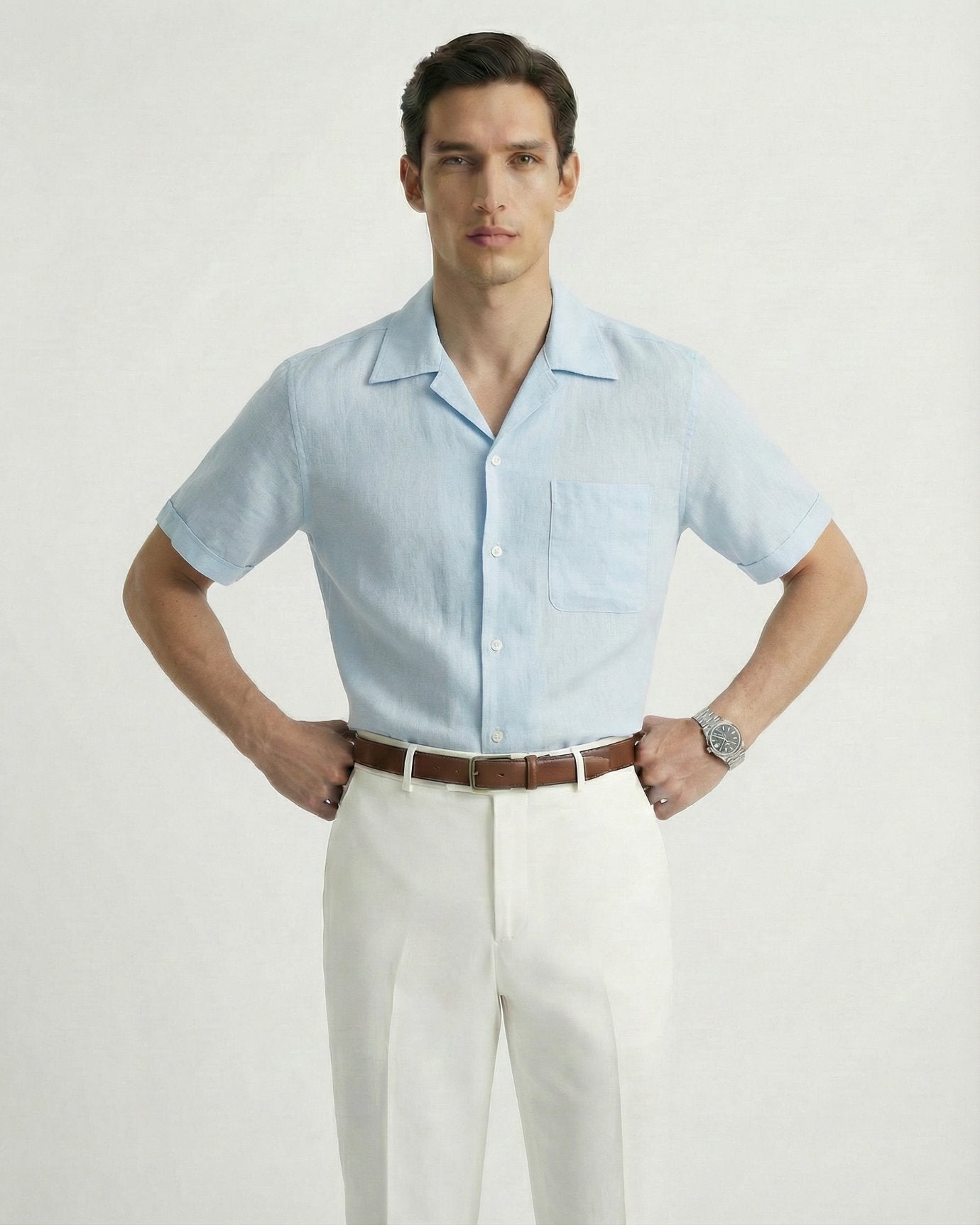 Summer linen Cuban collar short-sleeved shirt