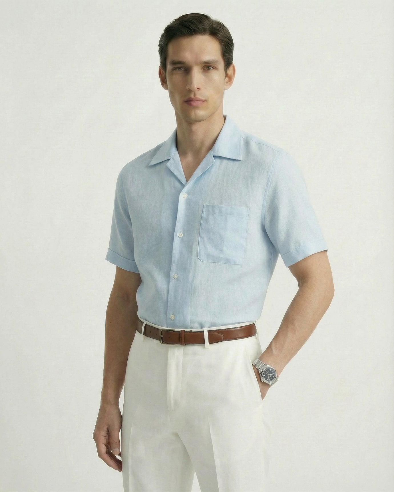 Summer linen Cuban collar short-sleeved shirt