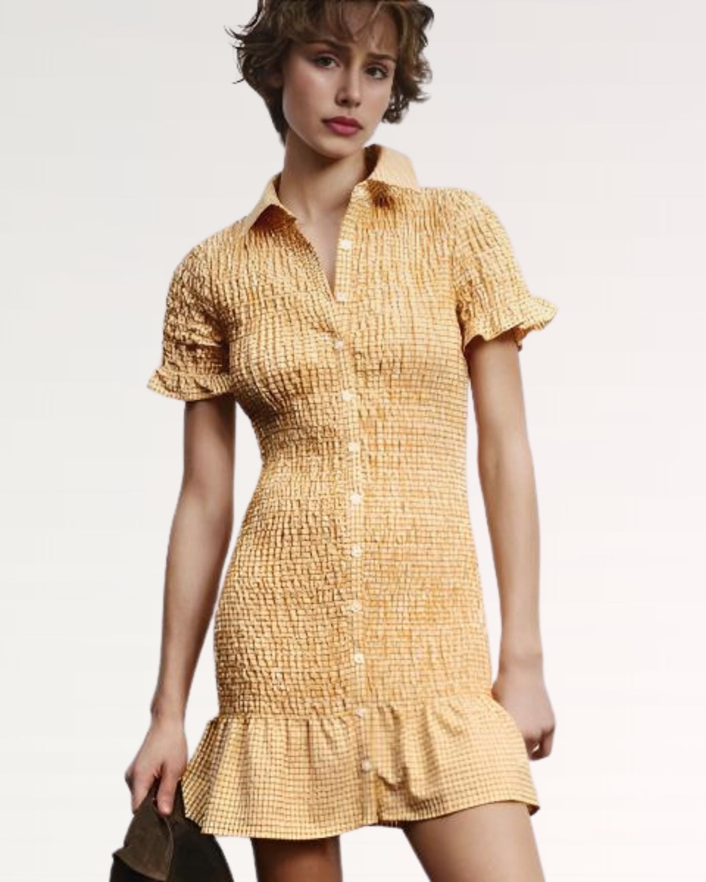 Napoli Pleated Plaid Short-Sleeved Dress