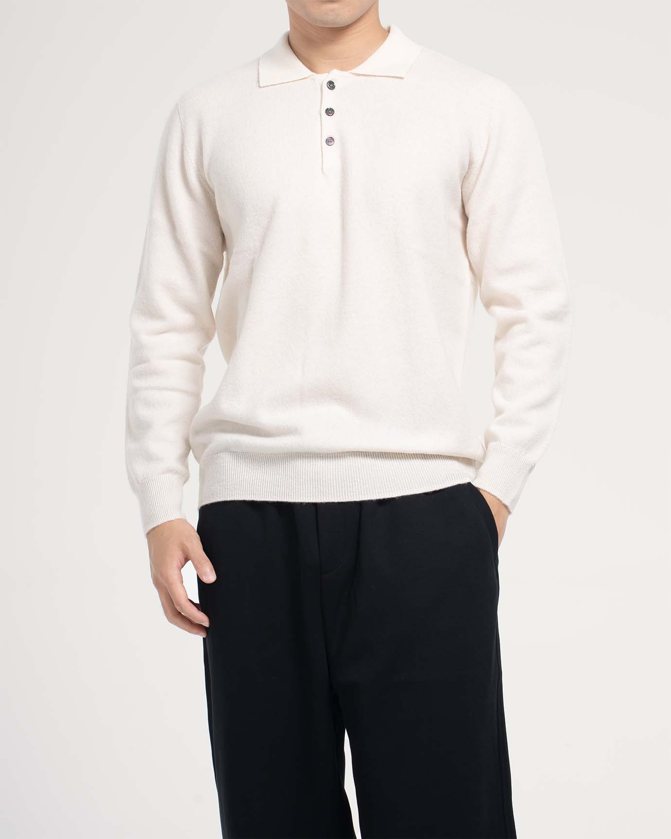 Men's long sleeve cashmere wool polo in white